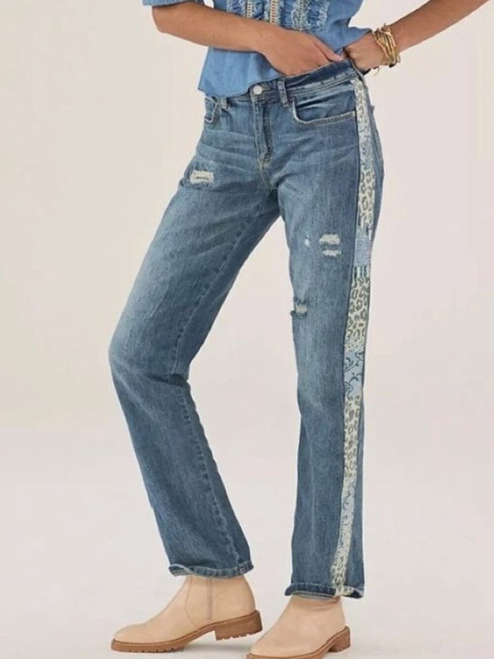 Pilcro Leopard Patchwork Trimmed Boyfriend  Jeans